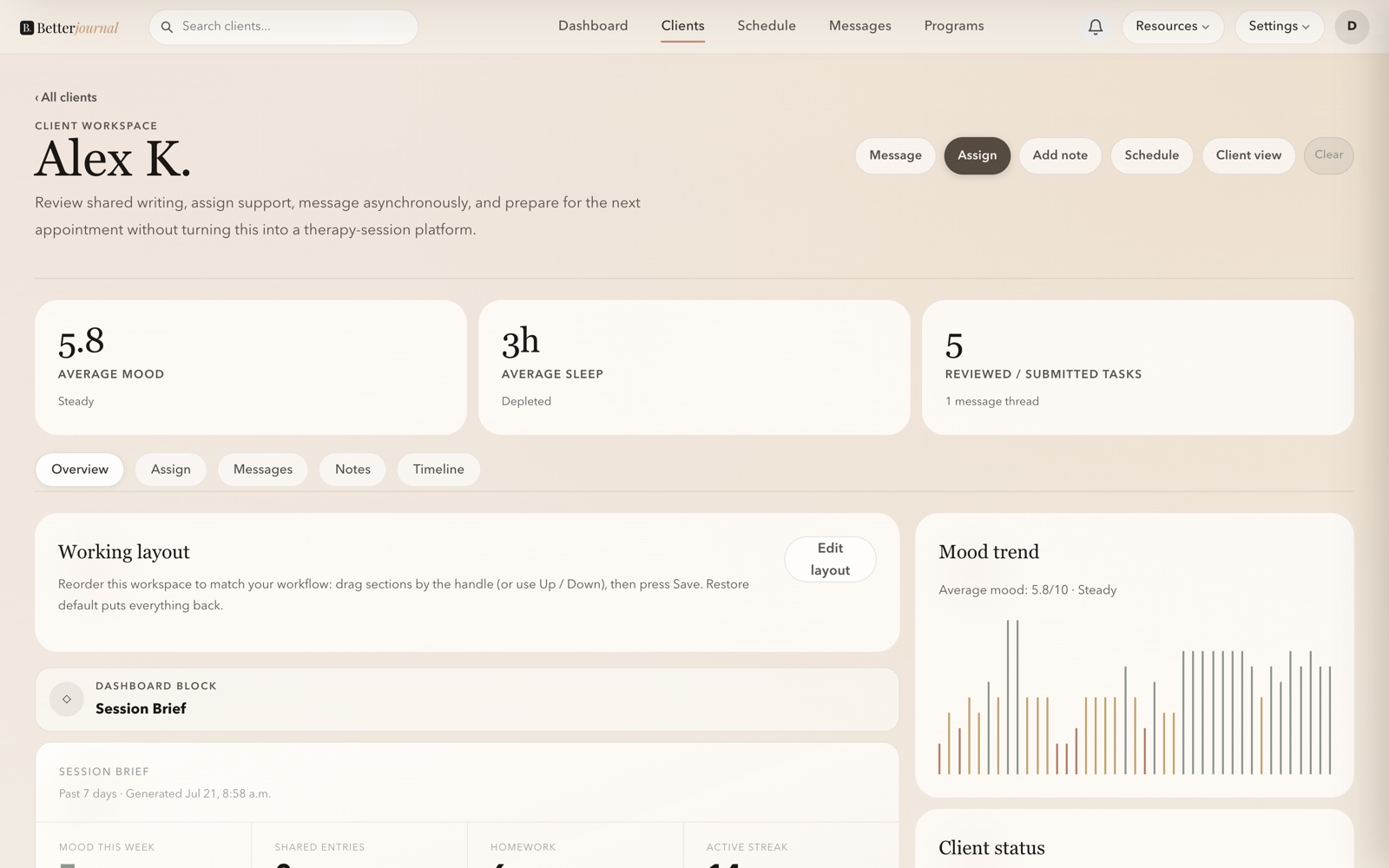 A client workspace in Betterjournal showing the session brief, weekly mood trend, and shared entries