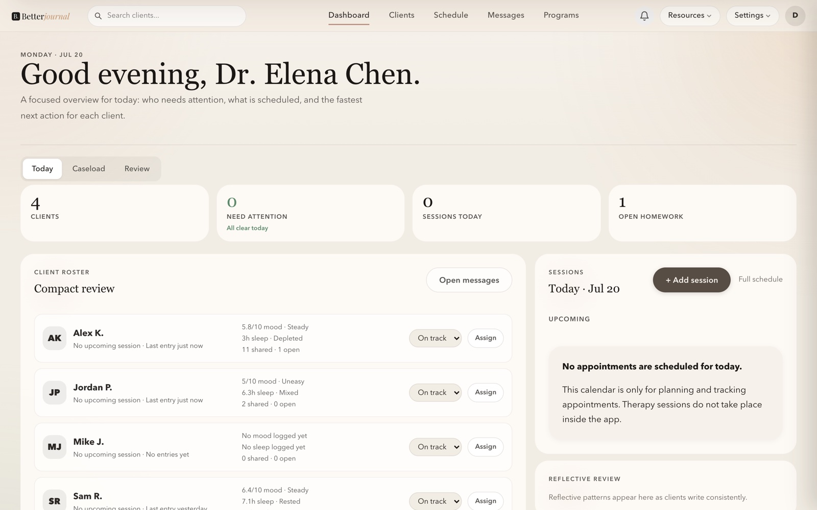 A clinician's caseload dashboard in Betterjournal